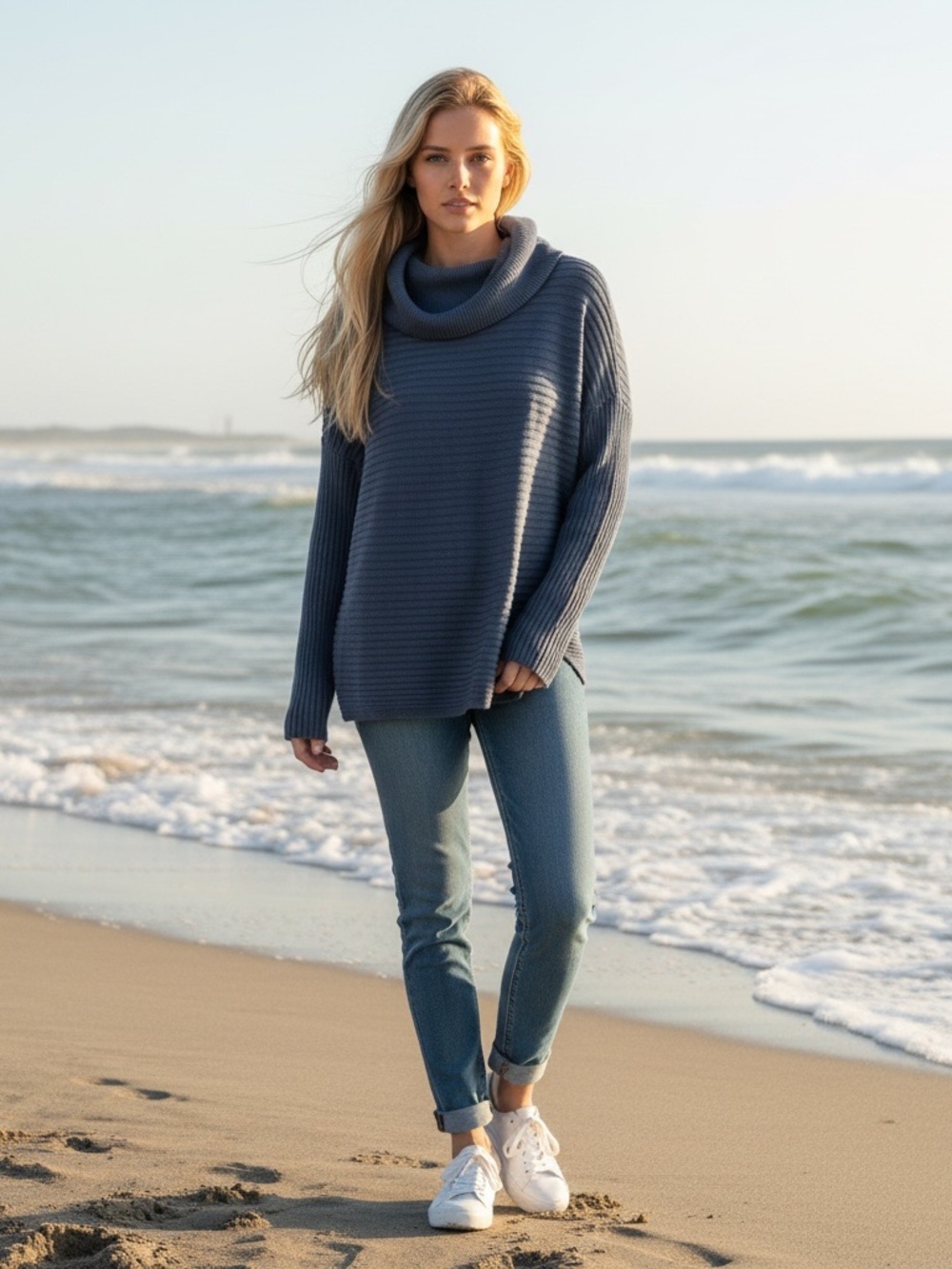 CHICOS petite large Cozy Slate Blue Cowl Neck Sweater - Women fall stretchy